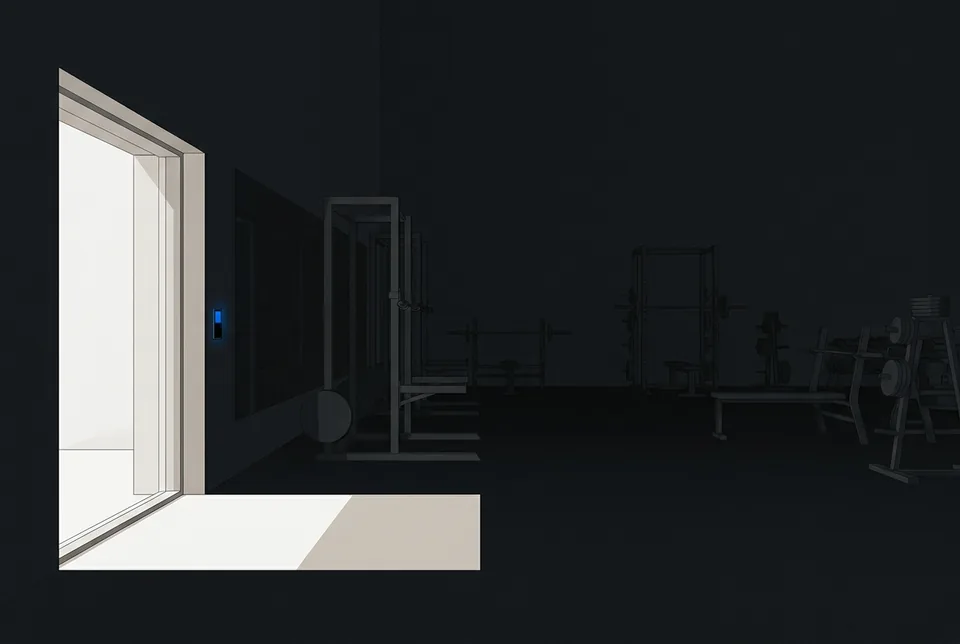 Zeichnung eines Anlageninneren: der Eingangsbereich hell und sichtbar, die Trainingsflaeche dahinter im Dunkeln.