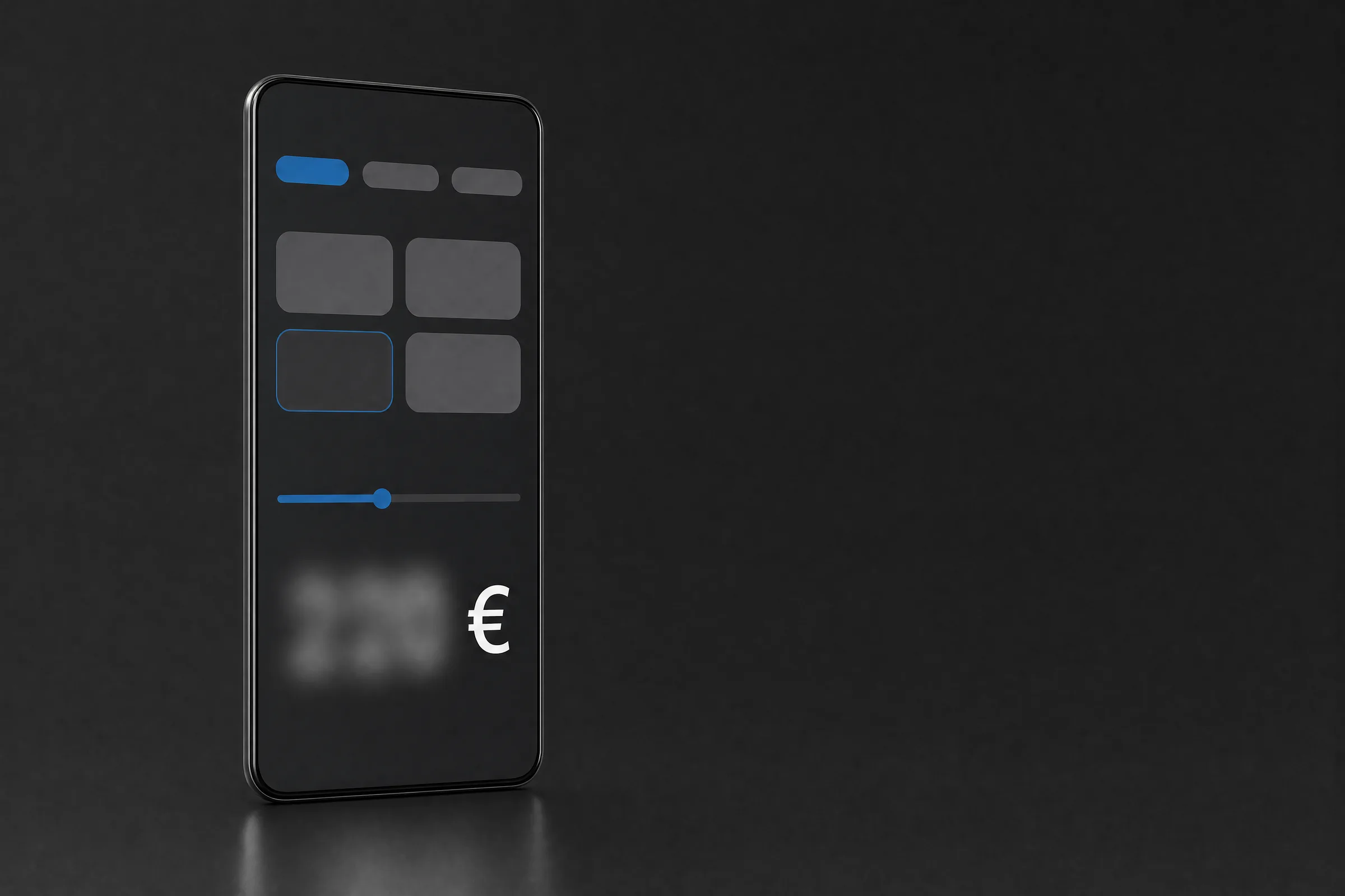 Ein Telefon auf dunklem Grund zeigt den Rechner: drei Reiter, vier Auswahlfelder, ein Schieberegler und darunter ein unscharfes Ergebnis neben einem scharfen Eurozeichen.